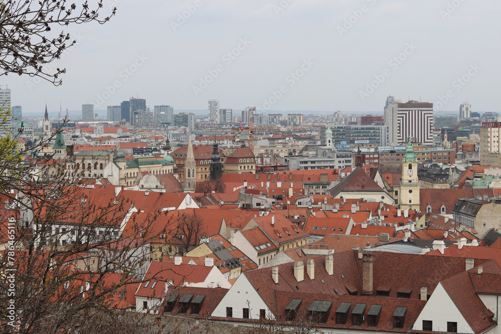 Obraz premium View of the Old Town from the Castle Hill, Bratislava, Slovakia. Street view, old red roofed houses. Spring in Europe. 