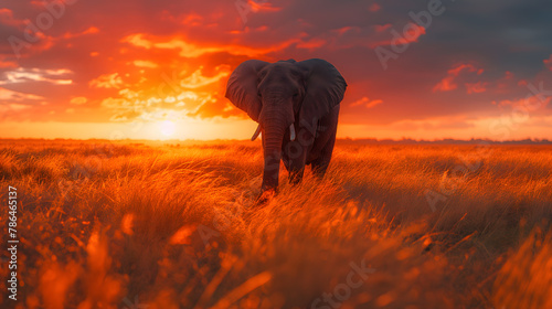 African Elephant Strolling at Sunset in the Savanna