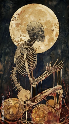 Ethereal Skeleton Under Glowing Celestial Moon in Surreal Gothic Landscape