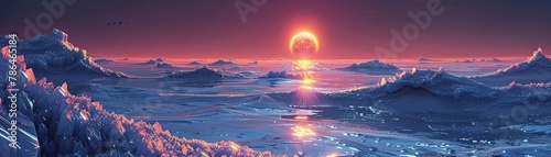 An alien world where the oceans are made of liquid crystal, sparkling and shimmering under a twin sunset © Samon