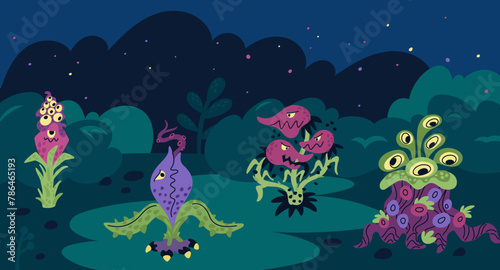 Monster plant location. Night forest with predatory flowers. Fantasy evil botany. Creepy landscape. Strange flora. Mystic creepy flytraps. Carnivorous creatures. Garish vector concept