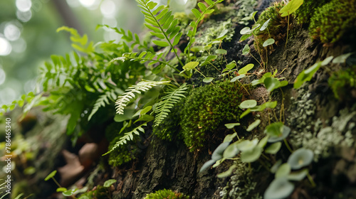 Lush Green Ferns and Moss Thriving on a Fallen Tree Trunk in a Forest