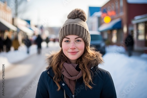 Portrait of a merry woman in her 30s dressed in a warm ski hat isolated in charming small town main street