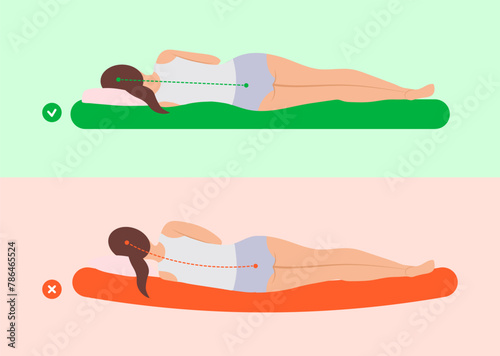 Correct sleep posture orthopedic infographic illustration with incorrect poses