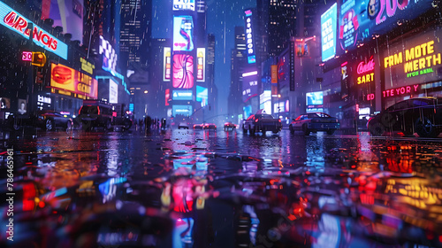 Reflections of neon signs in a rainy cityscape, science and technology, copy space