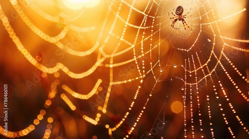  Concept of dew drops glistening on a spider's web at sunrise.