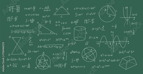 Doodle style math formulas. Hand drawn theory equations at blackboard. Geometry and algebra. School education. Trigonometry function calculation. Chalkboard background. Garish vector set