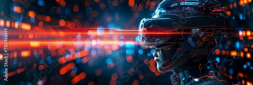 A man wearing a VR headset is looking at a blue background with red sparks by AI generated image