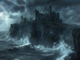 An ancient castle perched atop a cliff overlooking a stormy sea, with crashing waves below timeless strength Dramatic lightning flashes illuminate the scene, highlighting the castle's imposing