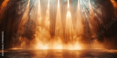 Empty concert stage with illuminated spotlights and smoke. Stage background   white spotlight and smoke  empty black stage with  blue orange spotlights