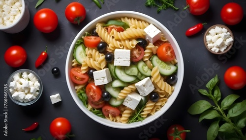 Pasta salad with tomato,arugula, cucumber, peppers,hot peppers, black and green olives, and cheese feta photo