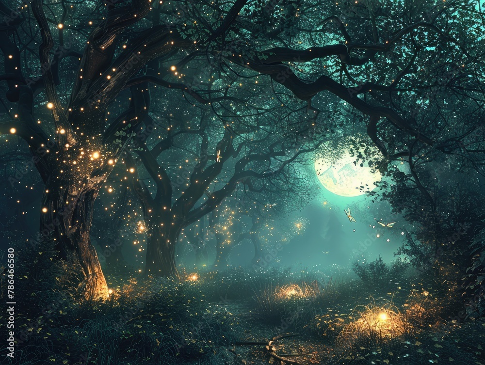 An enchanted forest bathed in the soft glow of moonlight, with ancient ...