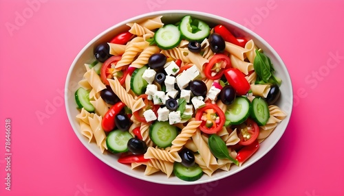 Pasta salad with tomato,arugula, cucumber, peppers,hot peppers, black and green olives, and cheese feta photo