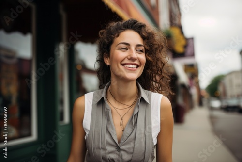 Portrait of a joyful woman in her 20s dressed in a polished vest in front of charming small town main street