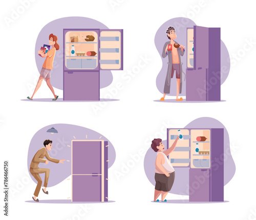 Night eating. Bad habits people eating food from fridge in bedtime snacking exact vector cartoon concept illustrations