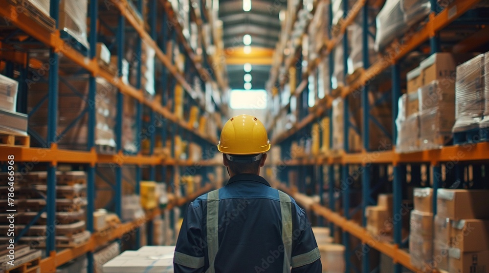 Fototapeta premium Intense scene of a worker wearing a hard hat in a warehouse with a sharp focus on his meticulous handling of goods