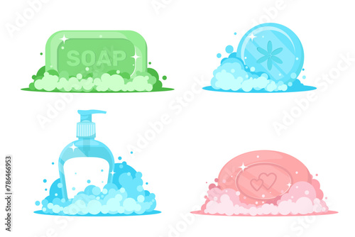 Cartoon soaps with foam. Liquid and lump detergent. Froth bubbles. Body washing. Skin care. Hand hygiene. Dispenser bottle. Soapy cleanser aroma. Beauty cosmetic products vector set