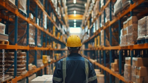 Intense scene of a worker wearing a hard hat in a warehouse  with a sharp focus on his meticulous handling of goods photo