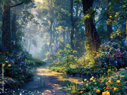 An enchanted forest bathed in the soft light of dawn, with towering trees, sparkling streams, and magical creatures hidden among the foliage mystical woodland The ethereal beauty of the forest