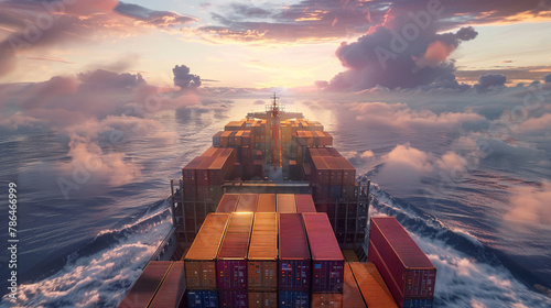 Majestic view of a large container ship at sea  zoomed in to show the scale and load as it navigates the boundless ocean photo