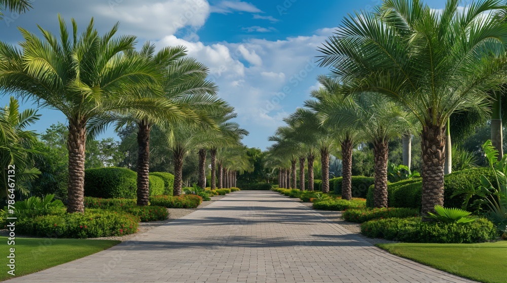 Palm trees along the perimeter of the path in a beautiful well-maintained area