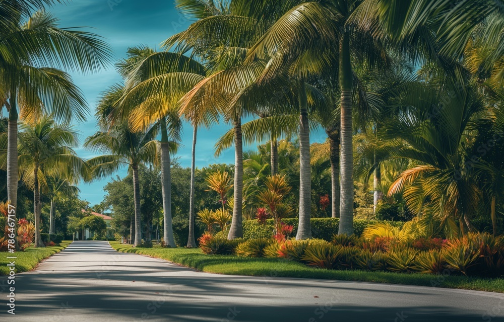 Palm trees along the perimeter of the path in a beautiful well-maintained area