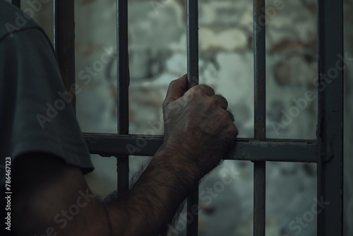 Close-up of the hands and wrists in prison, holding onto the bars with their hands, crime and punishment, violation of the law and consequences, a prisoner in prison photo