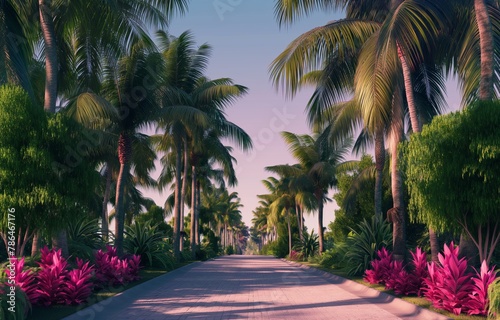 Palm trees along the perimeter of the path in a beautiful well-maintained area