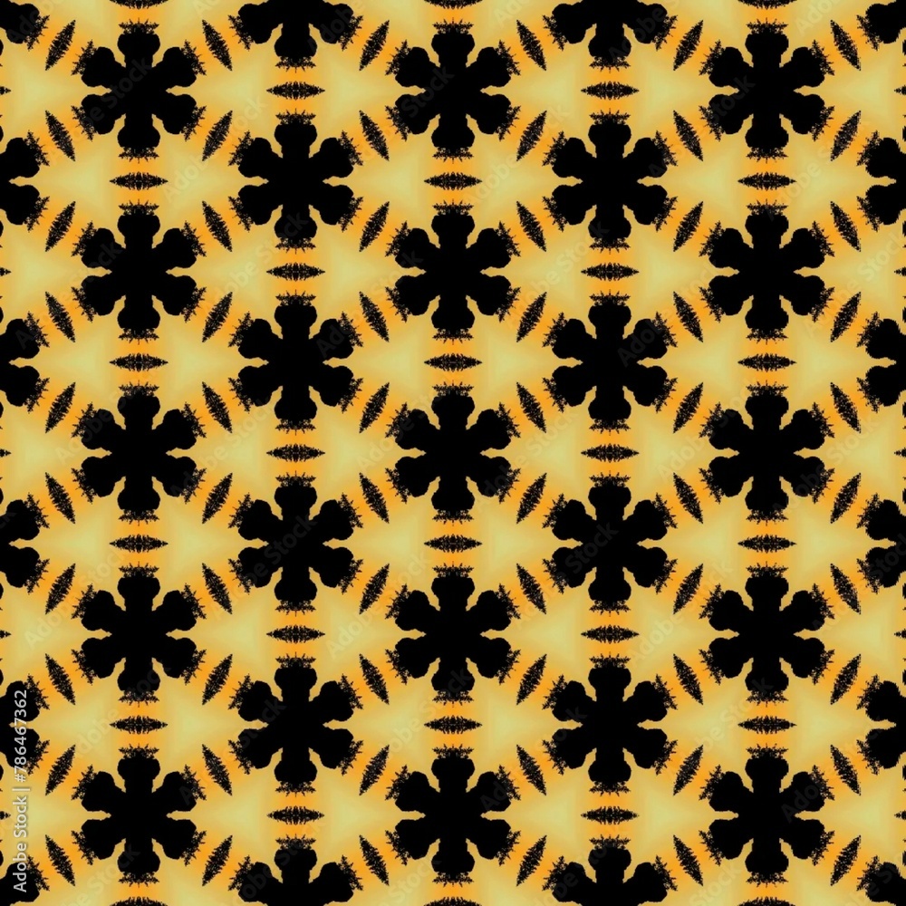 Black geometric pattern wallpaper or background. On a bright yellow background for fabric patterns, tiles, curtains, etc.