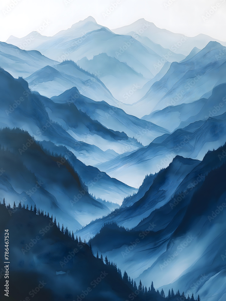 Serene Blue Mountain Ranges and Forests in Misty Landscape Illustration
