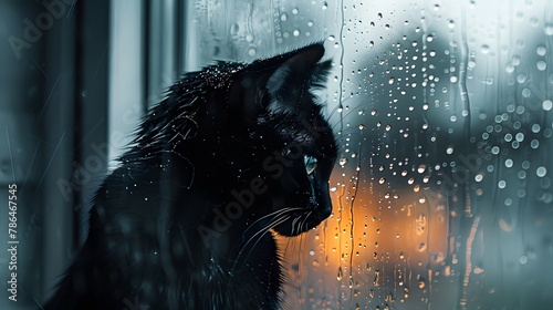 shot of a cat sitting by a window during a storm  the mood somber and focused.