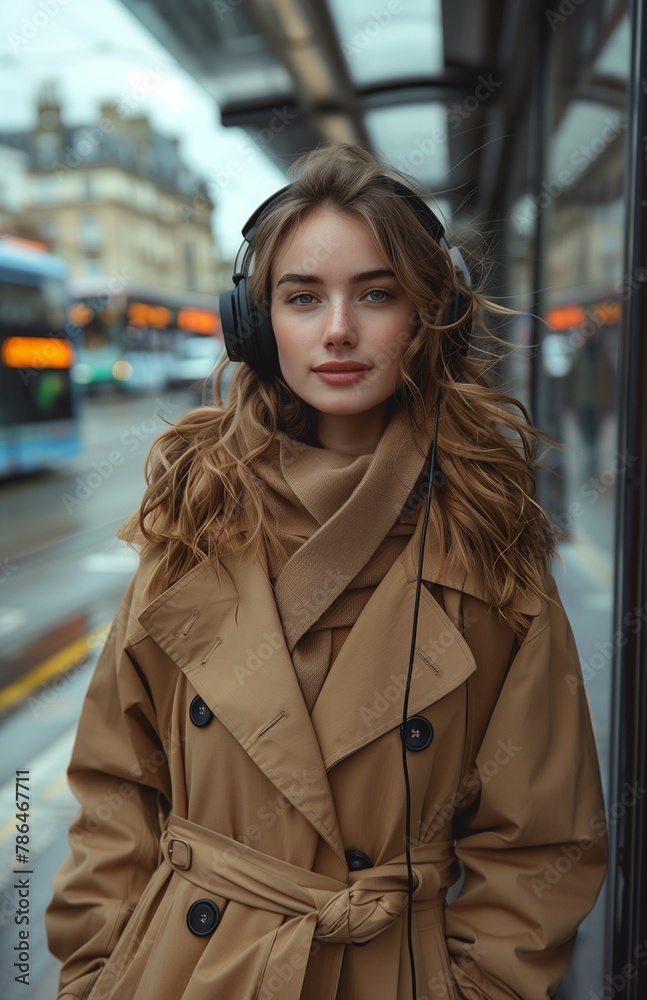 Joyful woman, beige coat, headphones, waits at city bus stop, listens to music, happy anticipation Joyful woman, beige coat, headphones, waits at city bus stop, listens to music, happy anticipation
