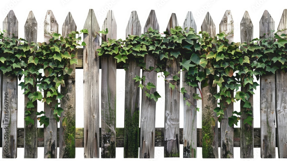 An old, decaying wooden fence covered with leaves. An old, decaying wooden fence covered with leaves.