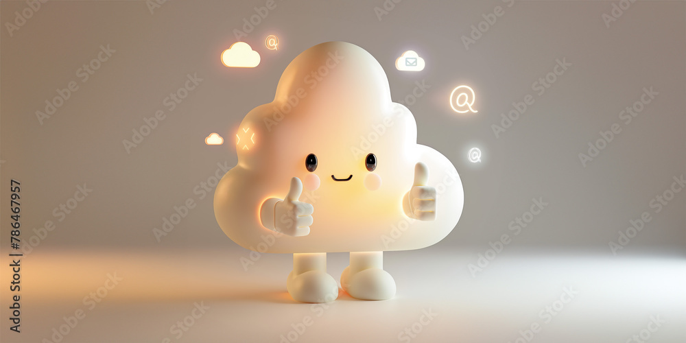 A friendly cloud character giving two thumbs up, with communication icons floating around. A friendly cloud character giving two thumbs up, with communication icons floating around.
