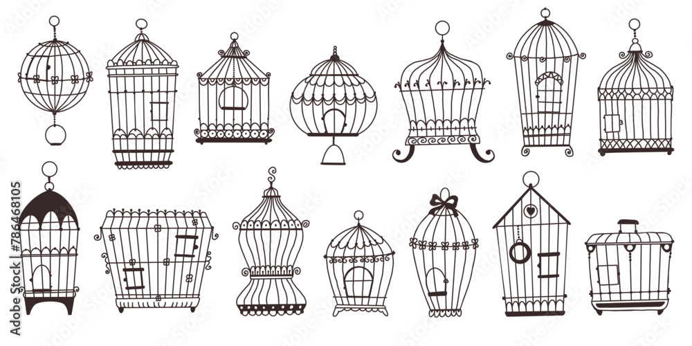 Bird cages. Silhouette vintage birdcages. Ornamental objects. Decorative shapes. Interior retro houses for parrots and canaries. Flying pets homes. Black line icons. Recent vector set