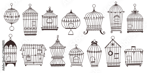 Bird cages. Silhouette vintage birdcages. Ornamental objects. Decorative shapes. Interior retro houses for parrots and canaries. Flying pets homes. Black line icons. Recent vector set