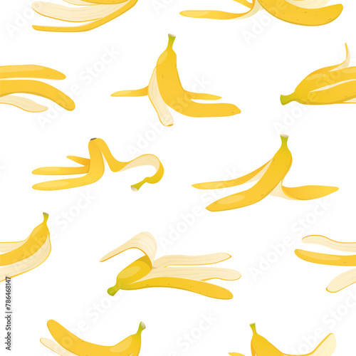 Banana peel seamless pattern. Different positions of fruit peelings. Repeated food waste. Organic garbage. Slippery skin. Slipping on husk. Product leftover shell. Vector background