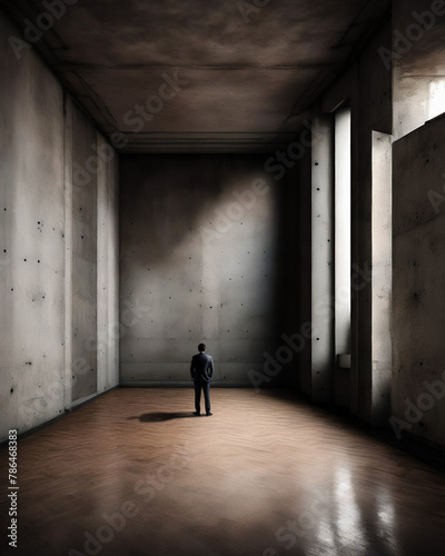 businessman standing alone inside a huge empty concrete walls room