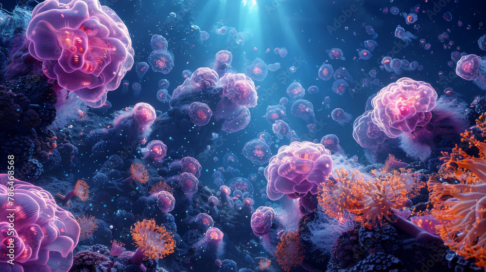 Fototapeta premium A digital painting of an underwater scene featuring swirling brain cell patterns.