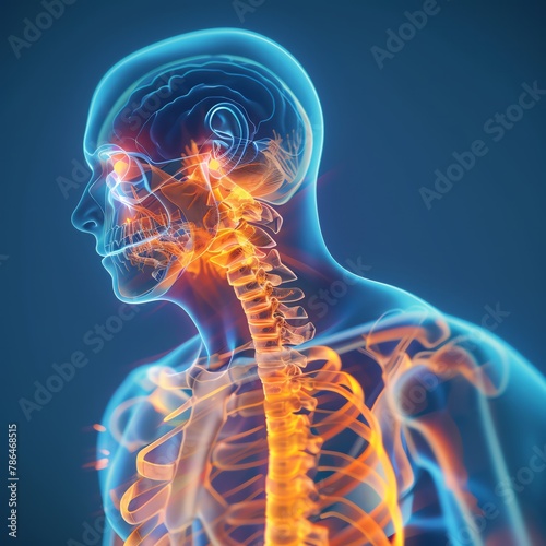 Simple illustration of the human chest and upper back, showing pain points in orange around the shoulder blades and heart area on a calming blue backdrop.