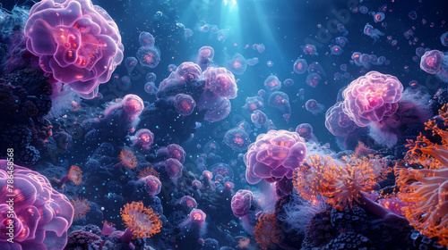 Wallpaper Mural A digital painting of an underwater scene featuring swirling brain cell patterns. Torontodigital.ca