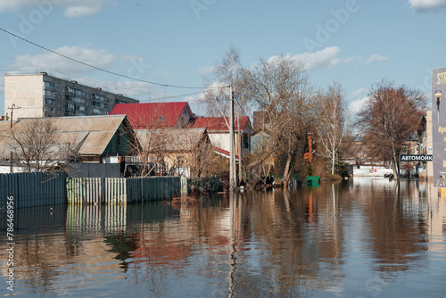 Orenburg, Russia - 04.16.2024: flooded houses in Orenburg after the spring flood on the Ural river