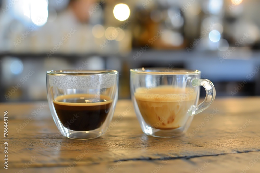 Two glass cups of coffee, one espresso, on a wooden table. Two glass cups of coffee, one espresso, on a wooden table.