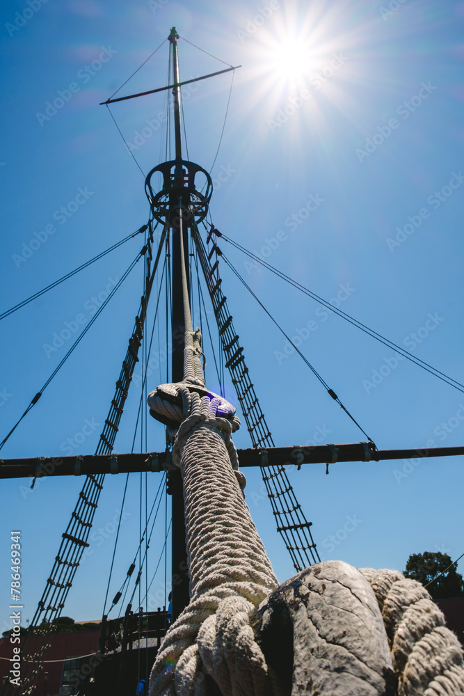 Ropes and rigging of an old caravel, ship of medieval explorers. Stock ...