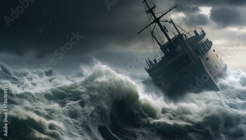 Vessel amidst turbulent ocean waves in a storm.