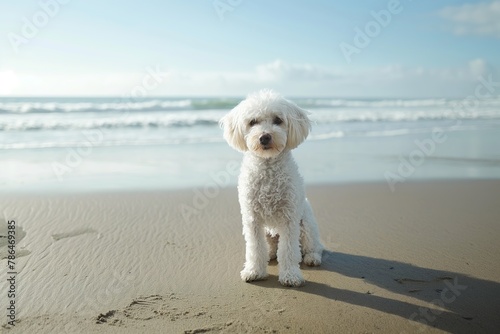 A small white poodle sitting on top of a sandy beach, overlooking the ocean. © Joaquin Corbalan