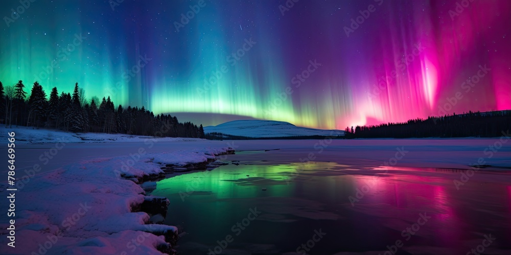 Night sky with colorful aurora borealis over snowy mountain peaks.