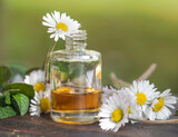bottles of essential oil and daisies with fresh mint leaf on a wooden table outdoors