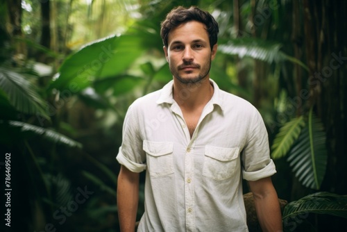 Portrait of a content man in his 30s wearing a simple cotton shirt in lush tropical rainforest