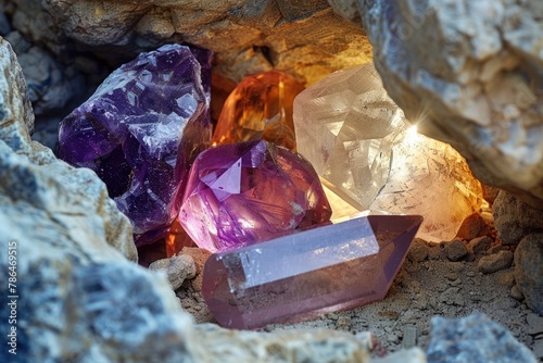 Raw amethyst and smoky quartz crystals nestled in rock crevice with natural earth tones